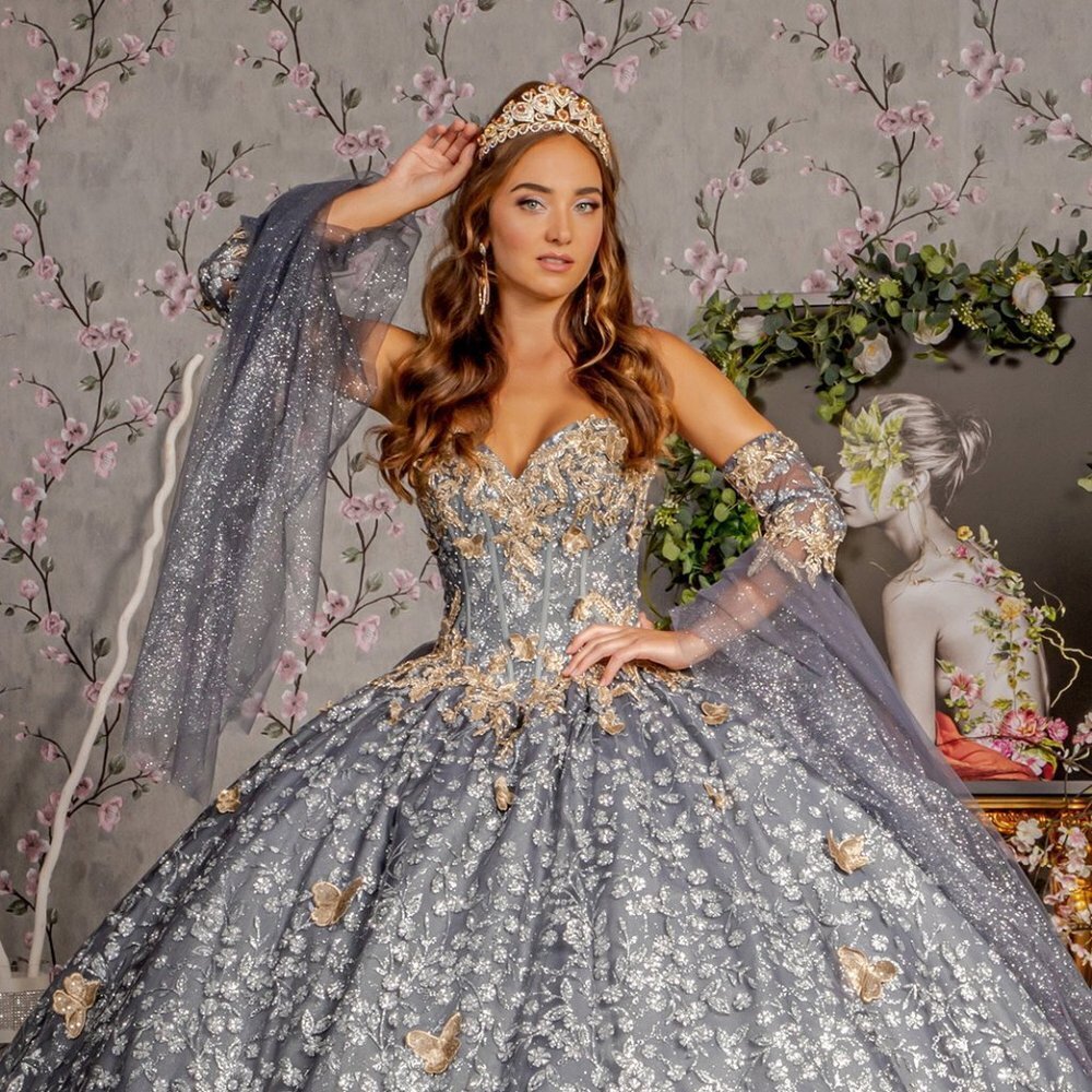 NEW BALL GOWN EMBROIDERED WITH BUTTERFLY APPLQIUE & METALLIC DETAILS GL3318